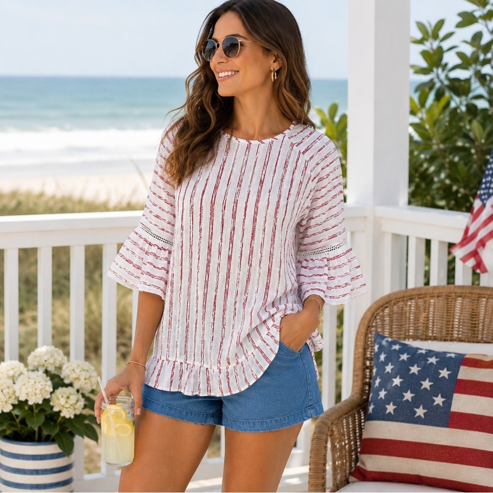Princess Cruises Nautical Striped Resort Beach Cover Up Tunic Bell Sleeve Large